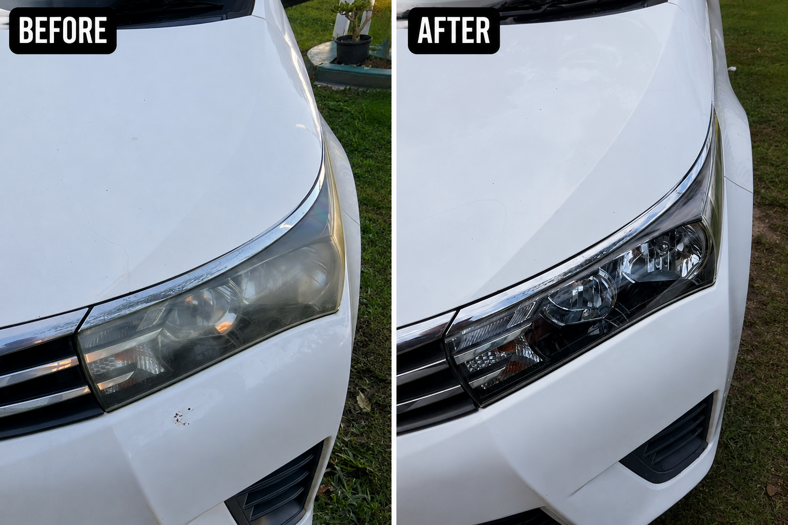 Before and after — foggy lens restored to crystal clear
