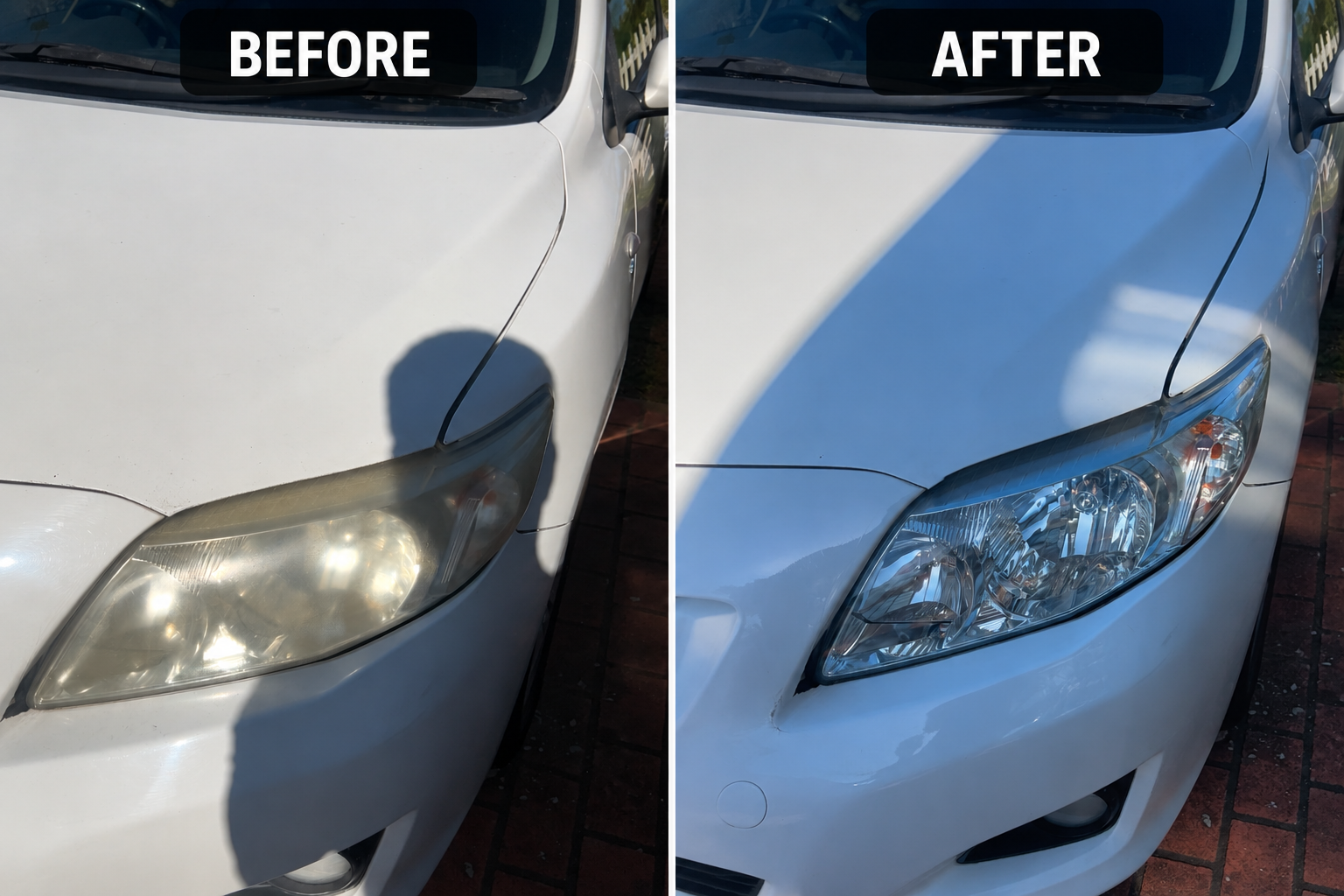 Before and after — heavily yellowed headlight restored to crystal clear