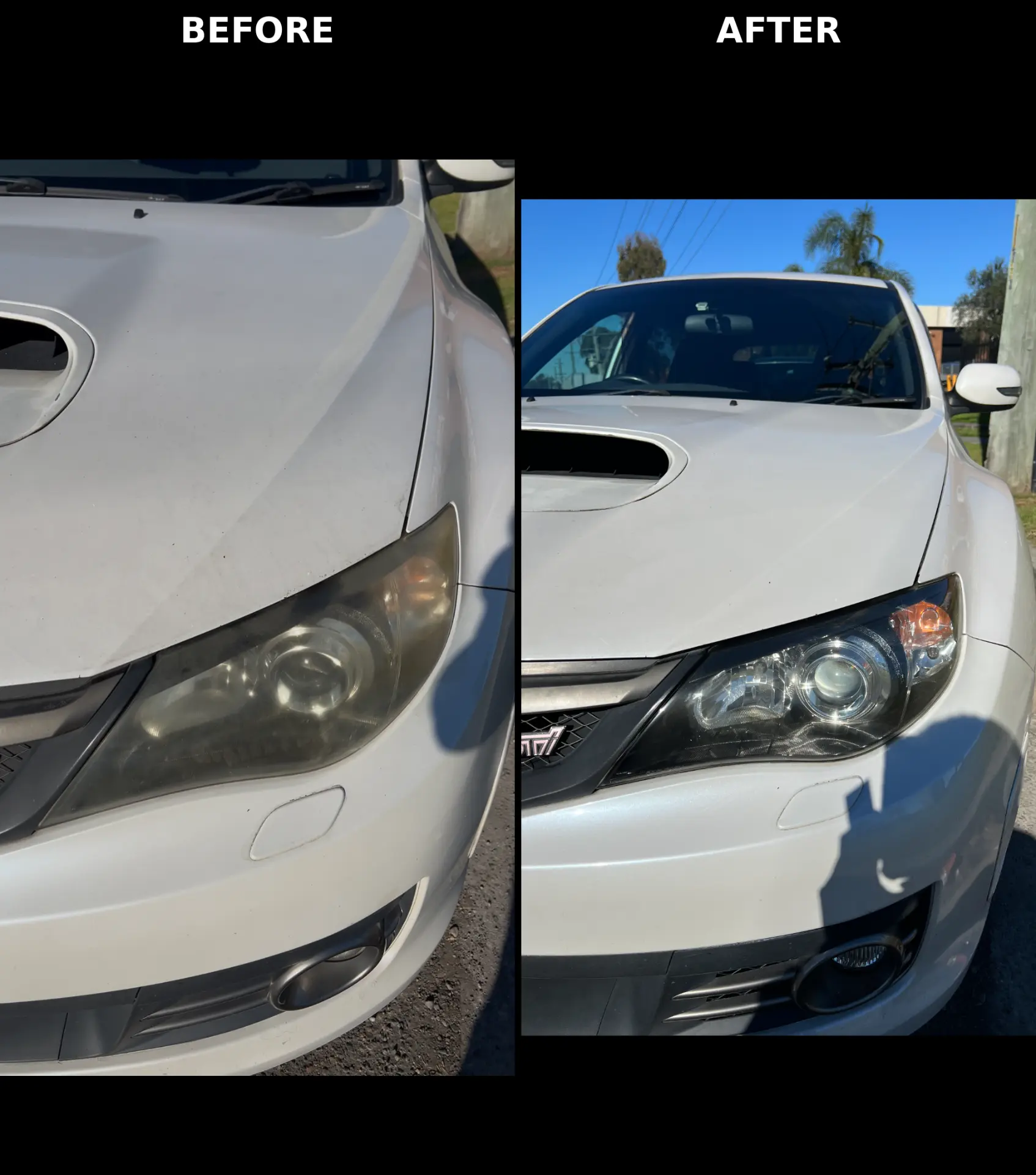 Before and after — hazy WRX headlight restored to crystal clear